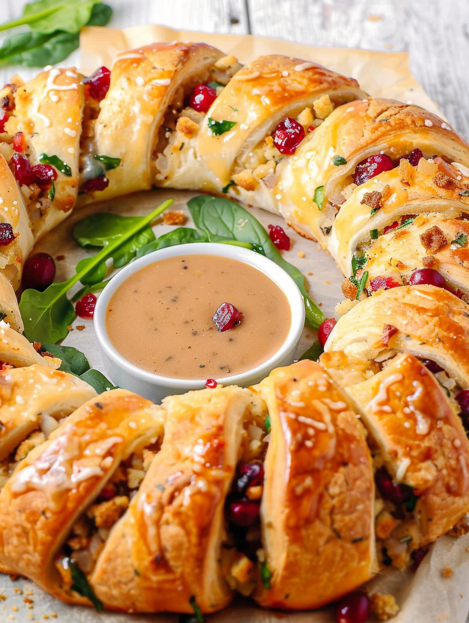 A crescent ring with stuffing and turkey.