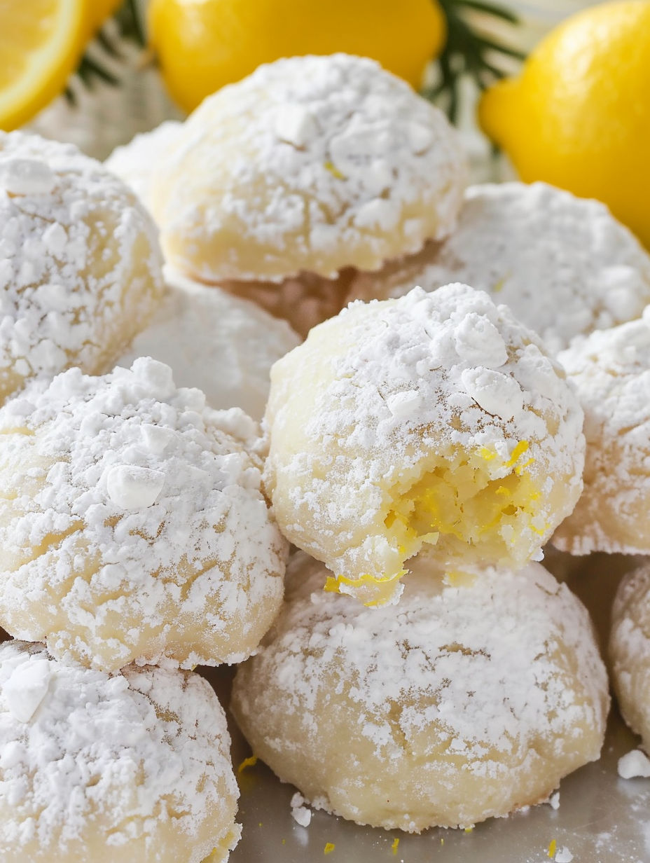A pile of white cookies with a lemon wedge on top.