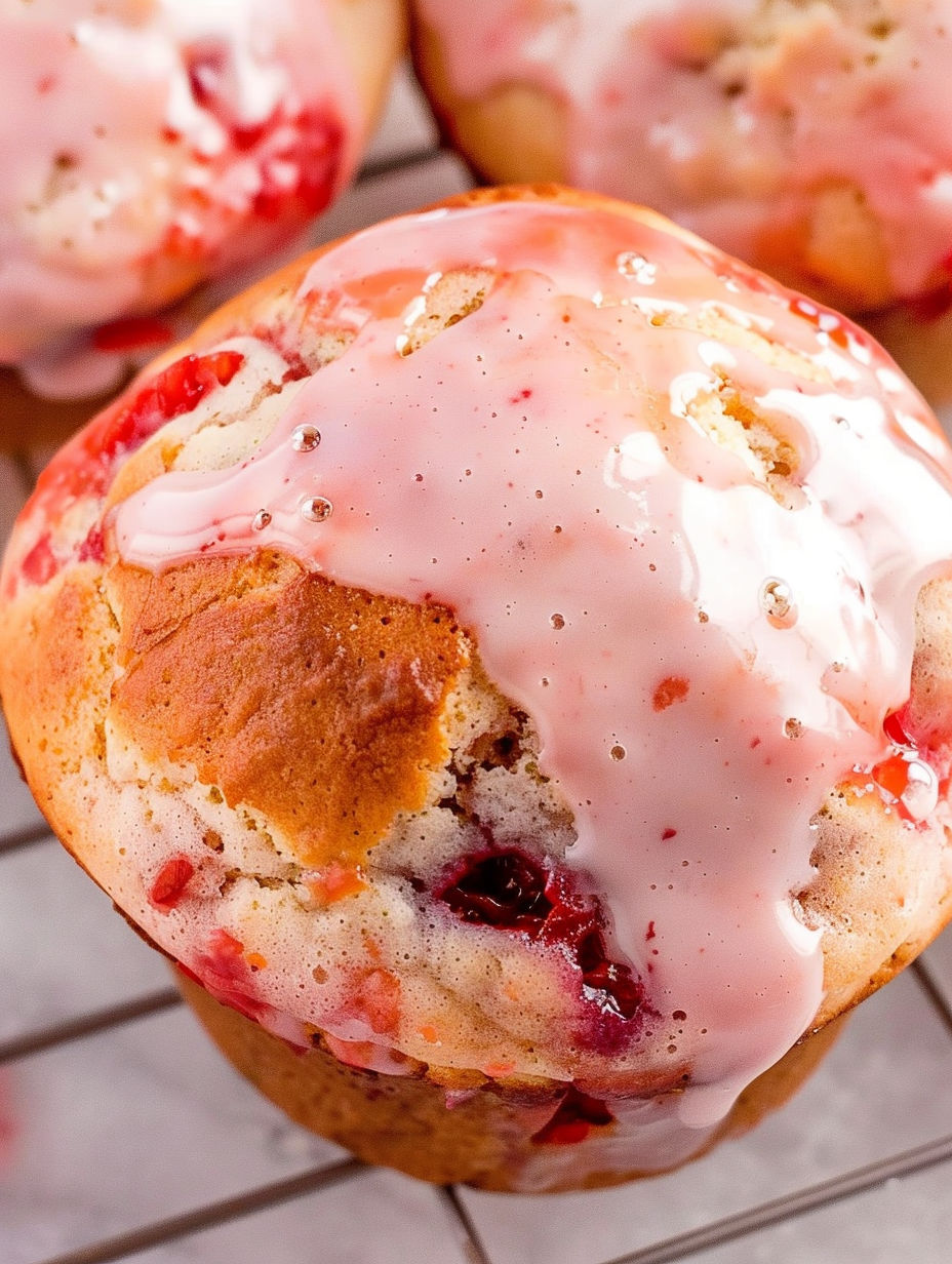 A muffin with strawberry jam on top.