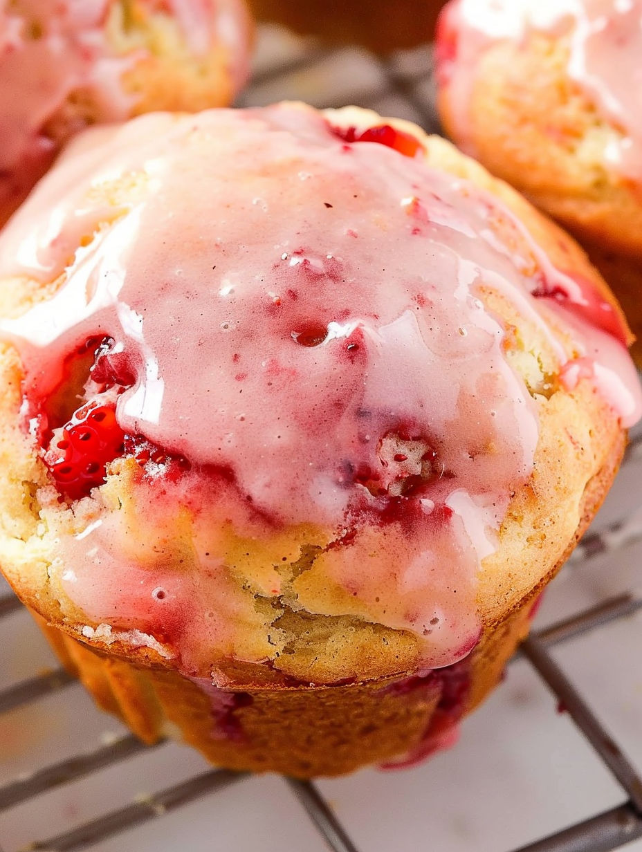 A muffin with strawberry jam on top.