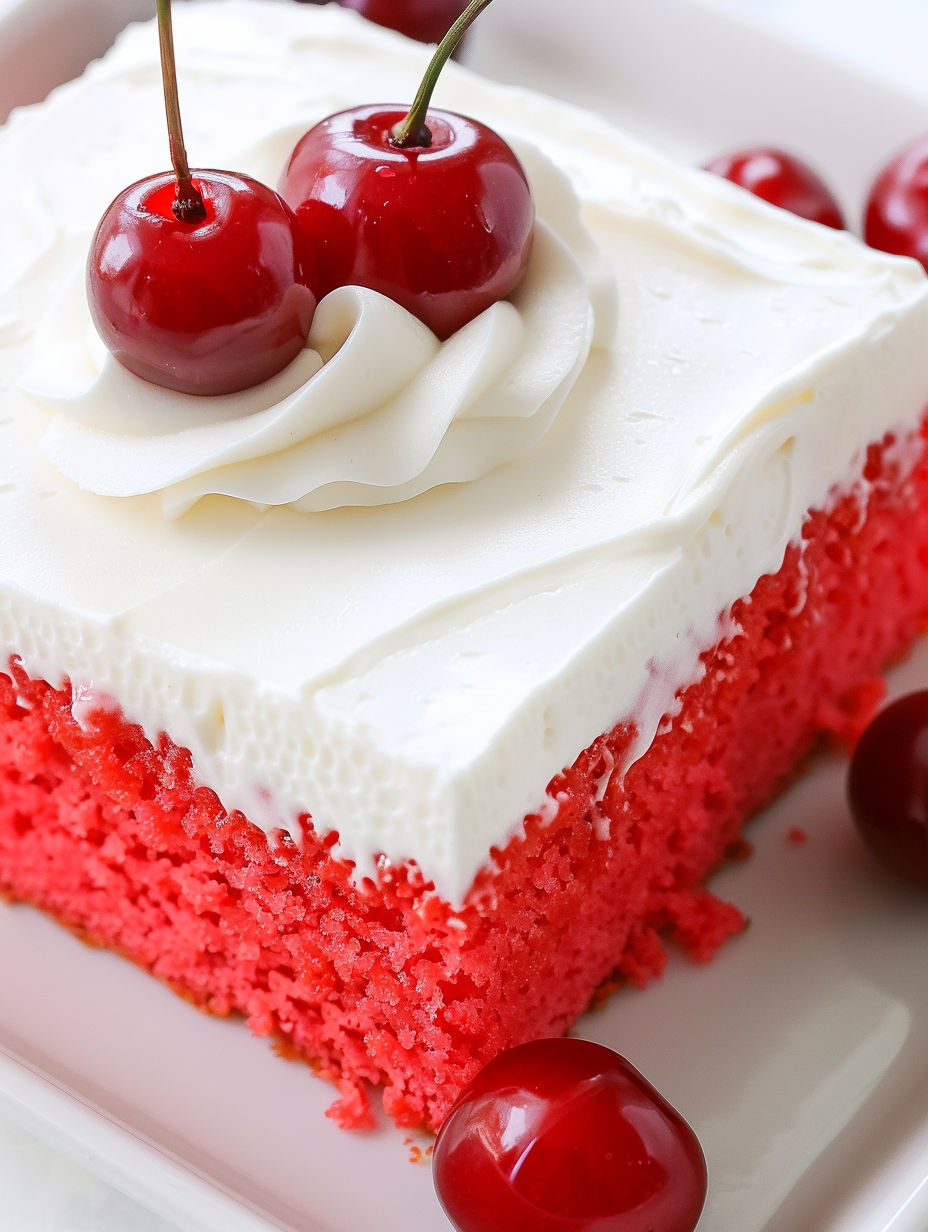 A slice of cherry sheet cake.
