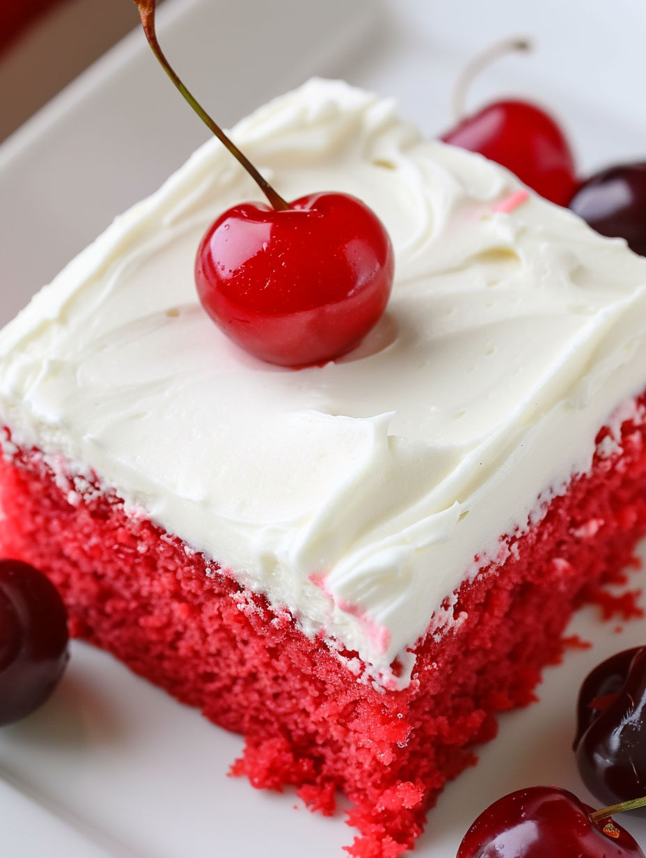 A slice of red velvet cake with a cherry on top.