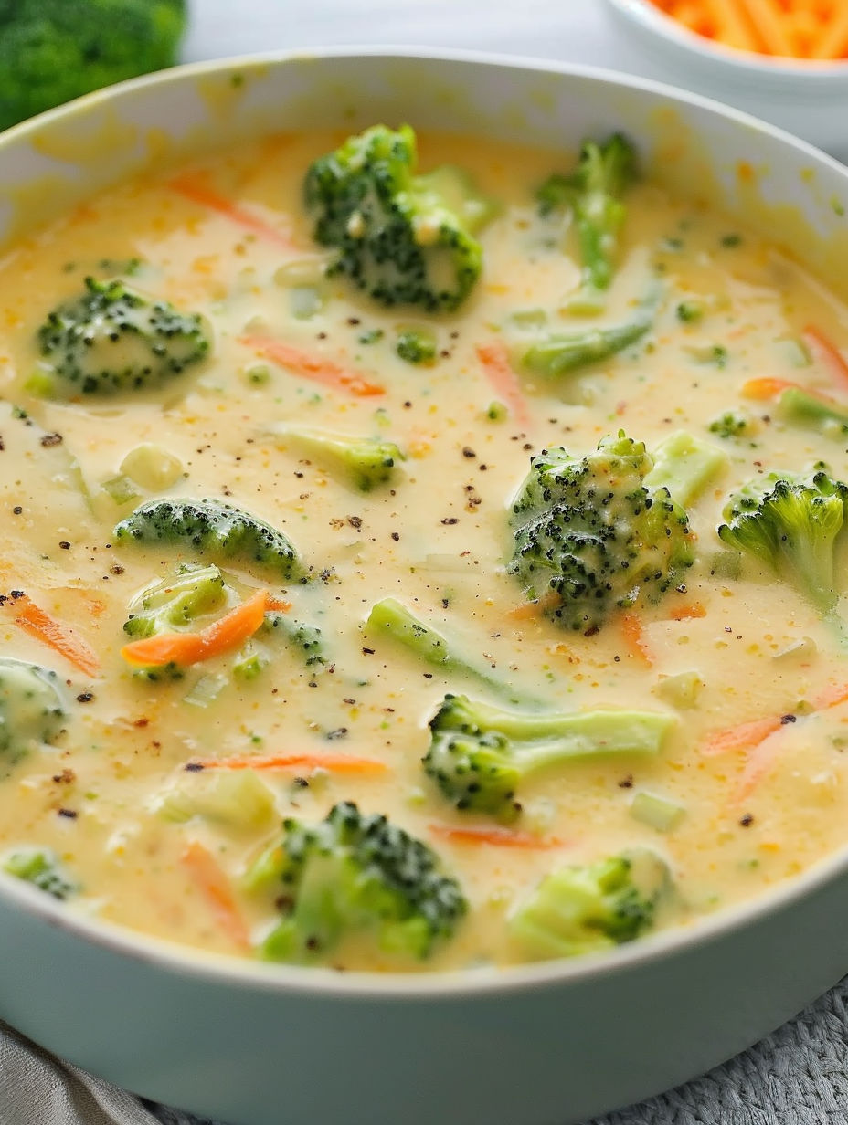 A bowl of soup with broccoli and carrots.