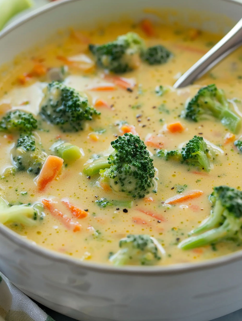 A bowl of soup with broccoli and carrots.