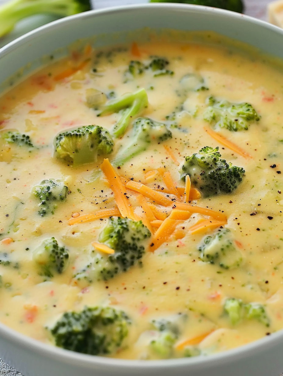 A bowl of soup with broccoli and cheese.