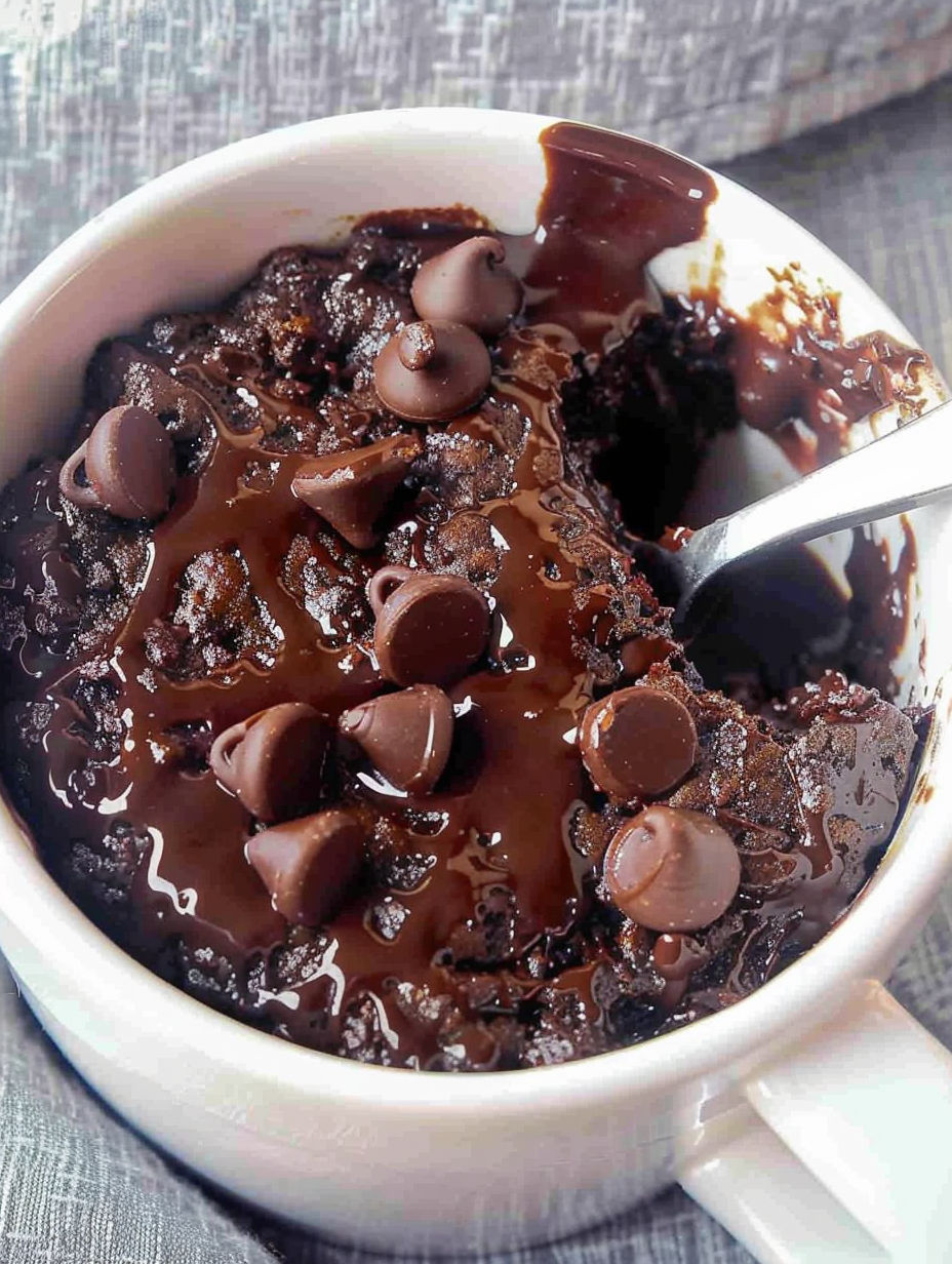 A mug of chocolate fudge cake with chocolate chips.
