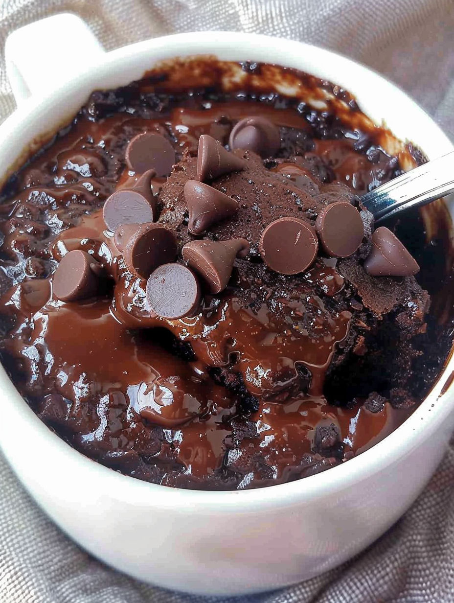 A bowl of chocolate fudge cake with chocolate chips.