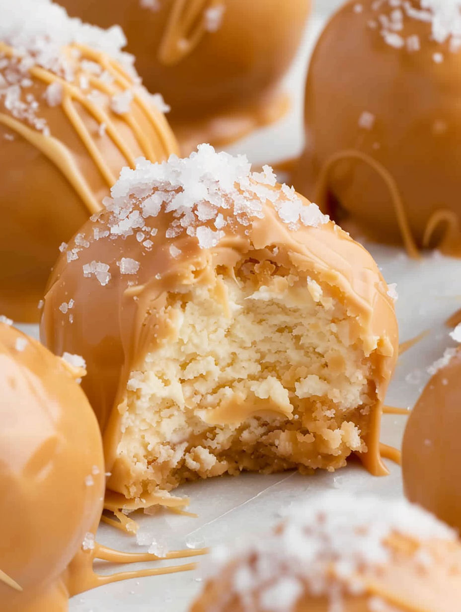 A caramel cheesecake bite with a bite taken out of it.