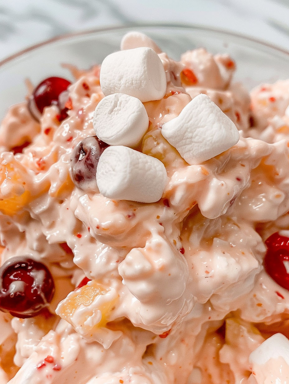 A bowl of cherry fluff dessert.