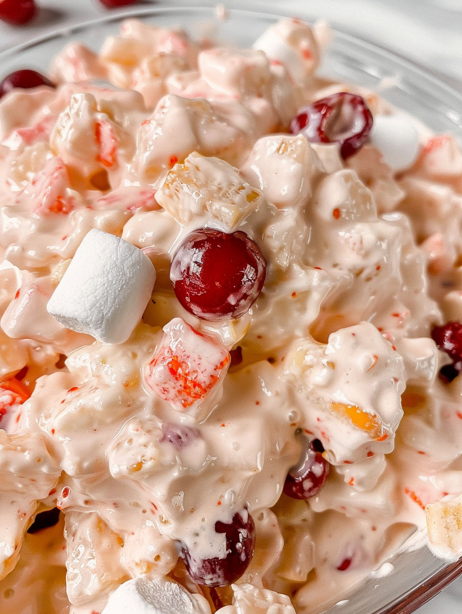 A close up of a cherry fluff dessert.