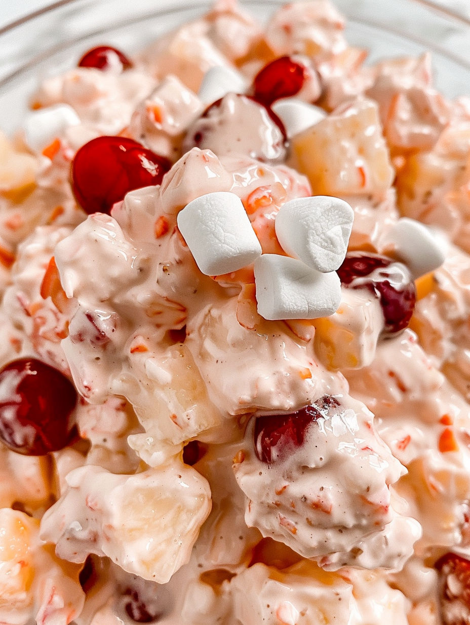 A close up of a cherry fluff dessert.