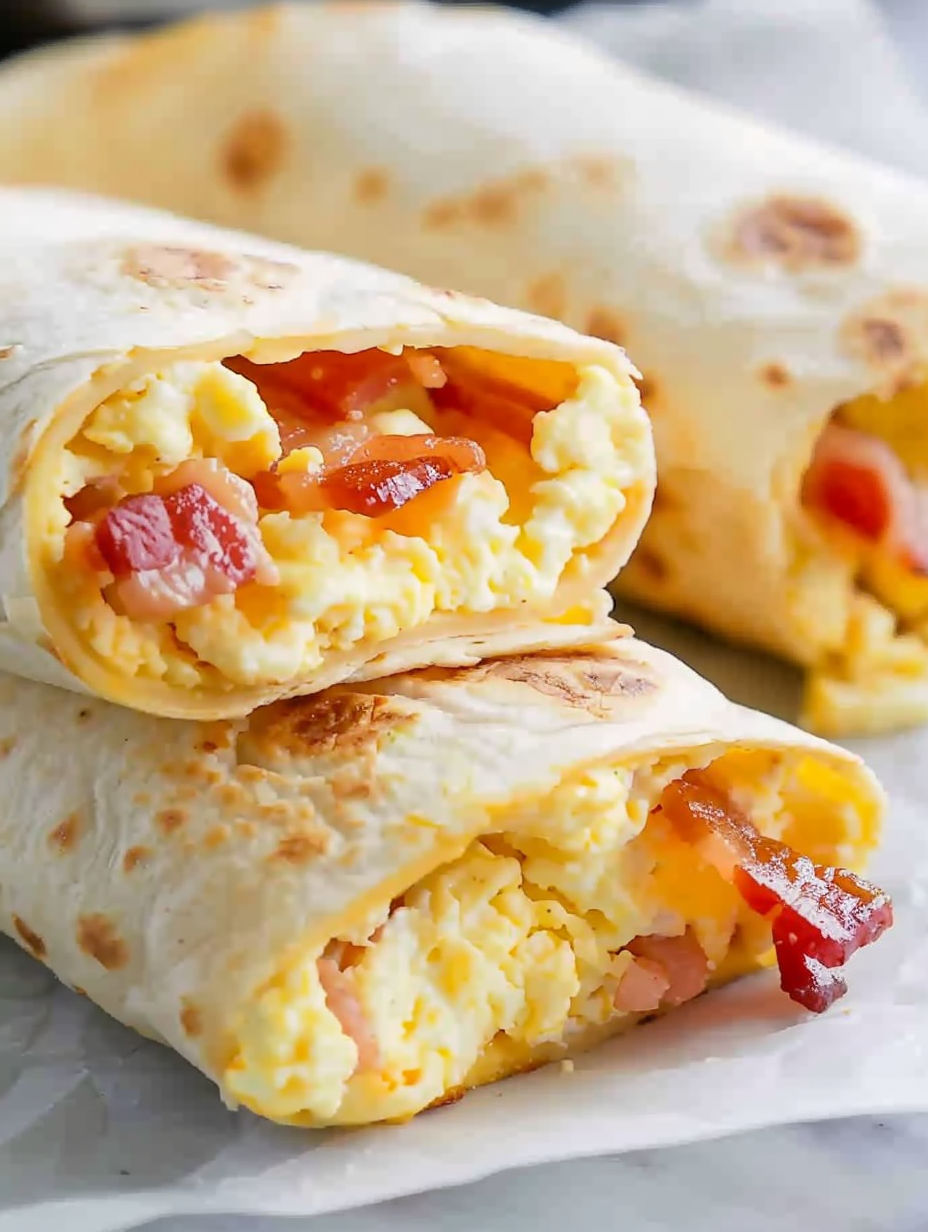 A burrito with eggs, bacon and cheese.