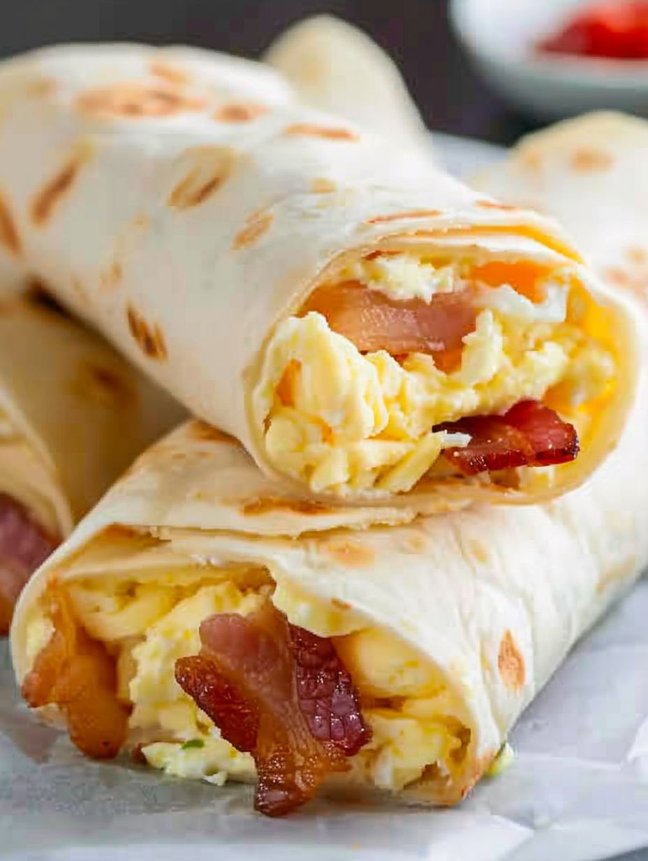 A burrito with bacon, eggs, and cheese.
