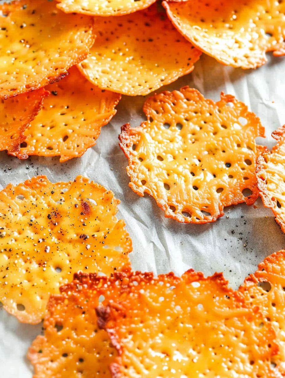 Baked cheese crisps on a paper towel.