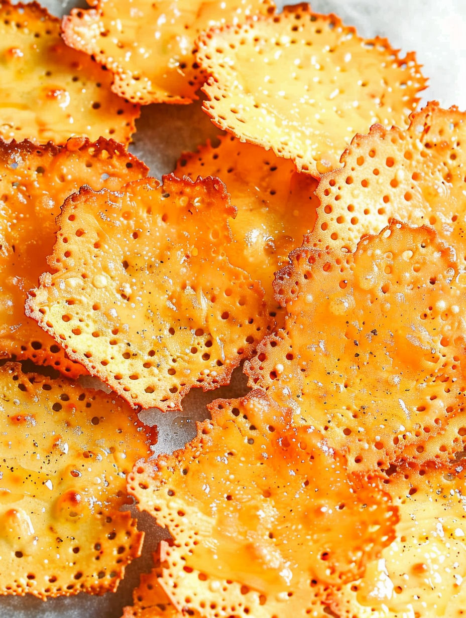 Baked cheese crisps on a plate.