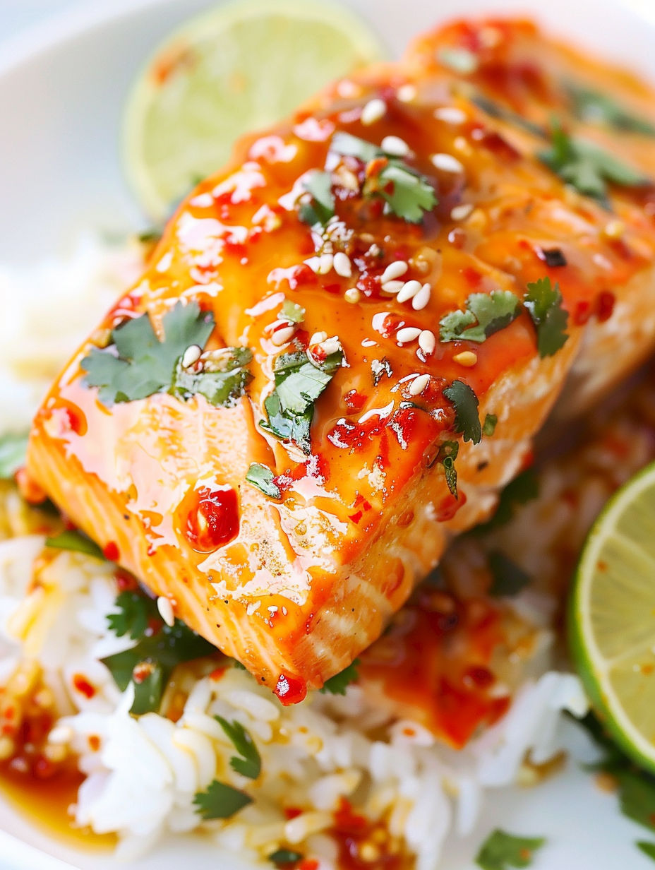 A piece of salmon with sweet chili sauce on top.