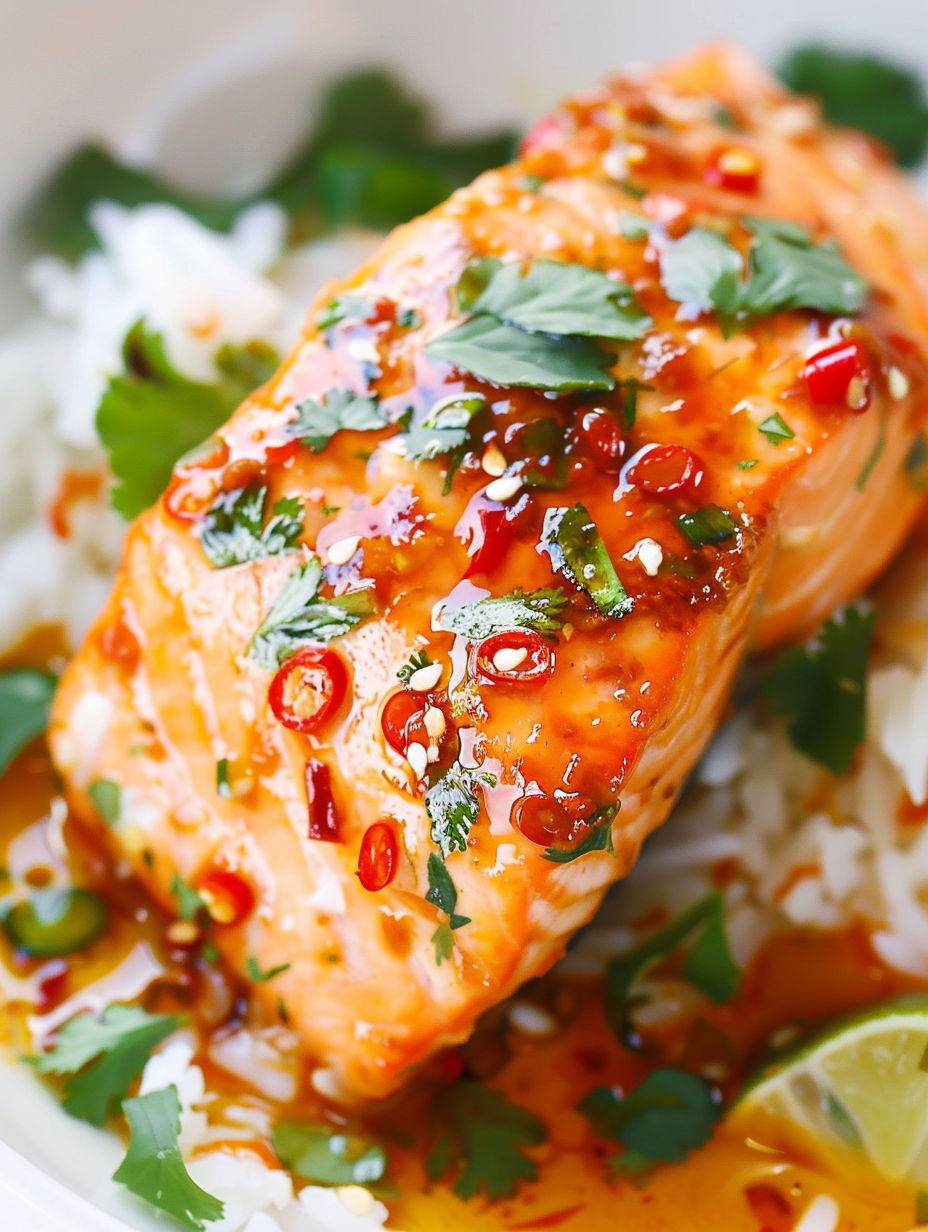 Sweet chili salmon with rice.