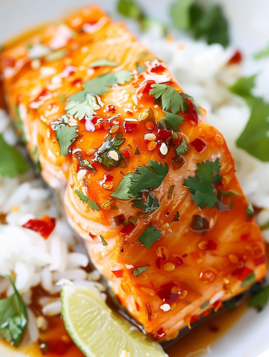 A piece of salmon with a sweet chili sauce.
