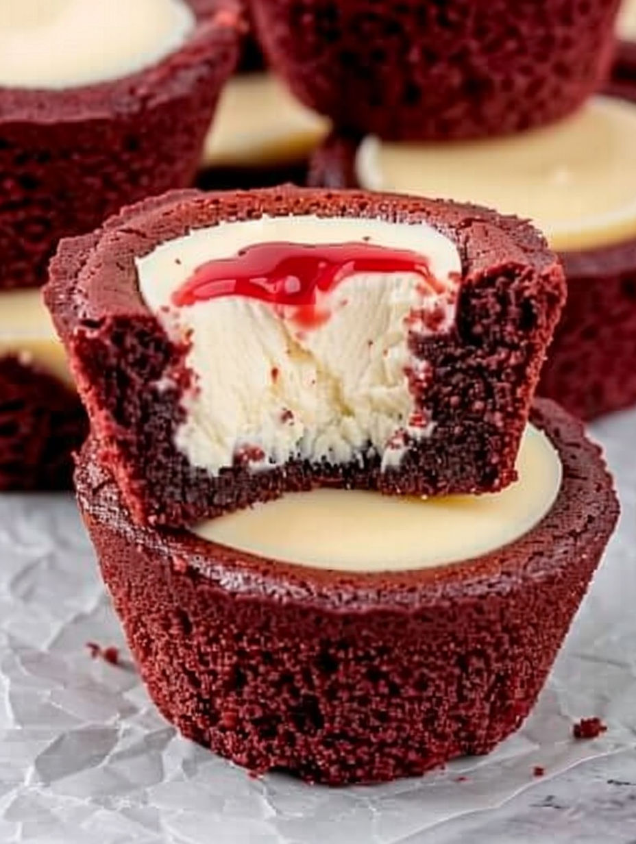 A red velvet cheesecake bite with white cream.