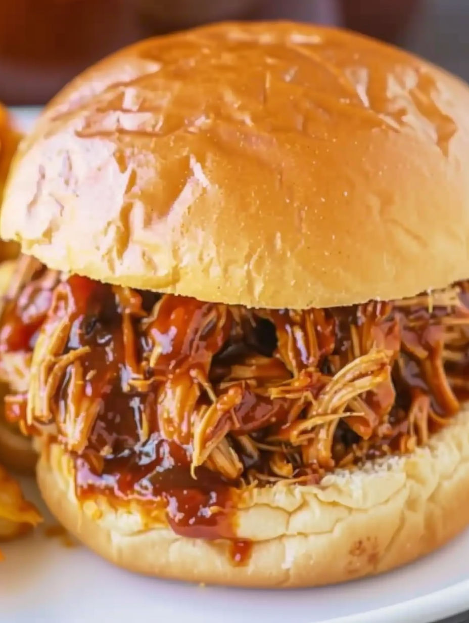 A close up of a pulled pork sandwich.