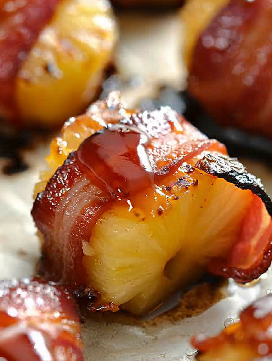 Bacon wrapped pineapple bites with sauce.