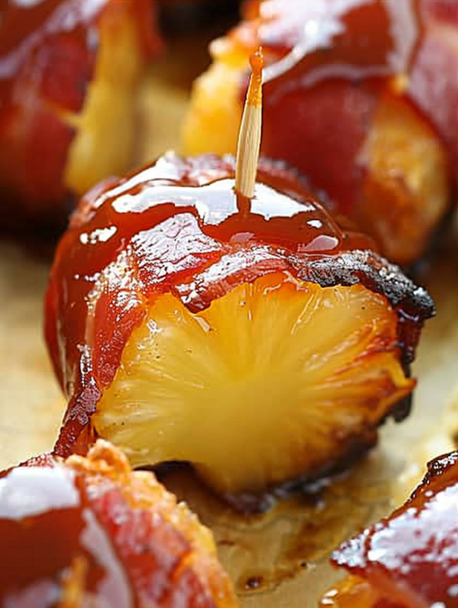 Bacon wrapped pineapple bites with a toothpick in them.