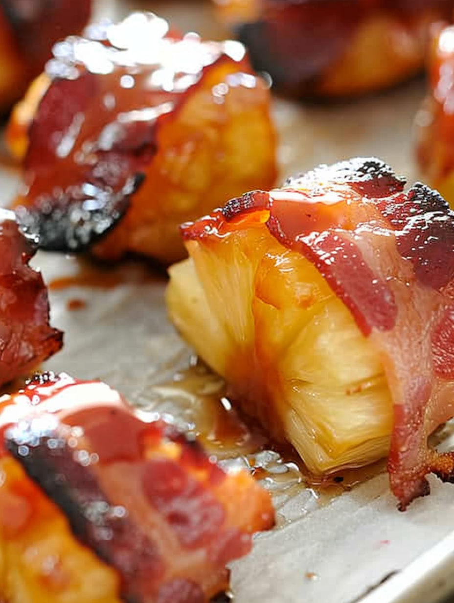 Bacon wrapped pineapple bites on a baking sheet.
