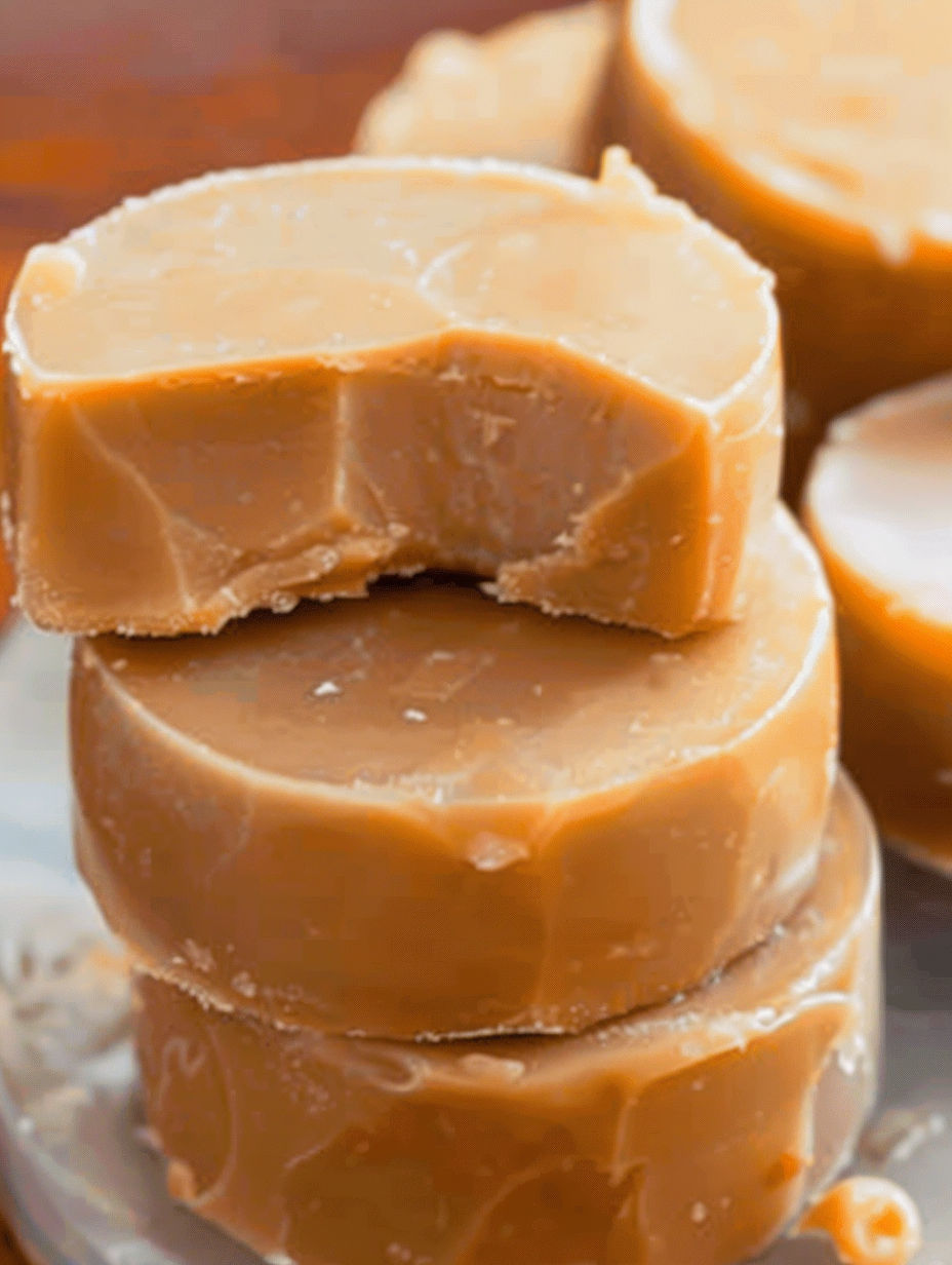 Almond butter fat bombs stacked on a table.