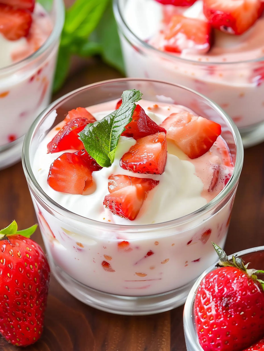 A glass of strawberry cream with strawberries on top.