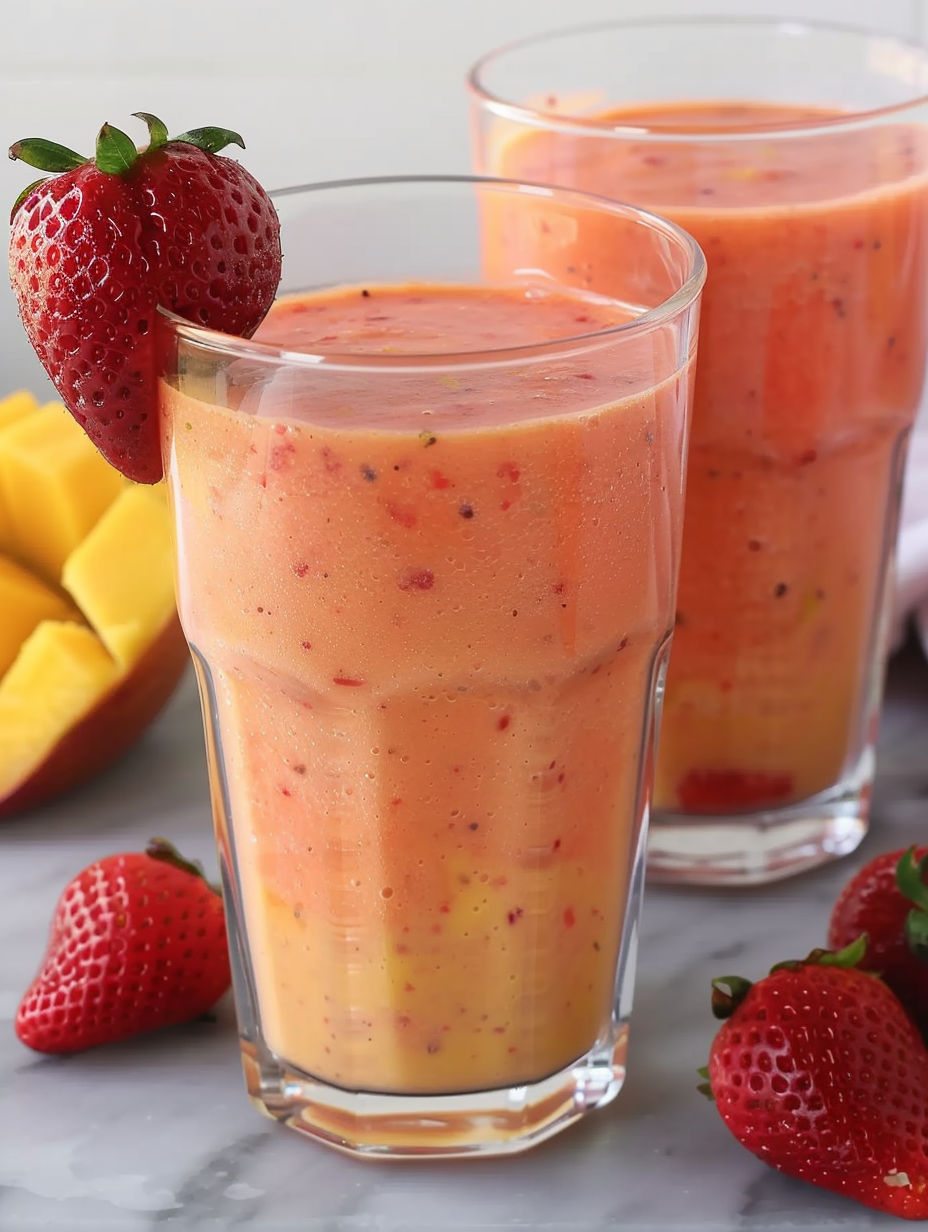 A glass of strawberry mango smoothie with a strawberry on top.
