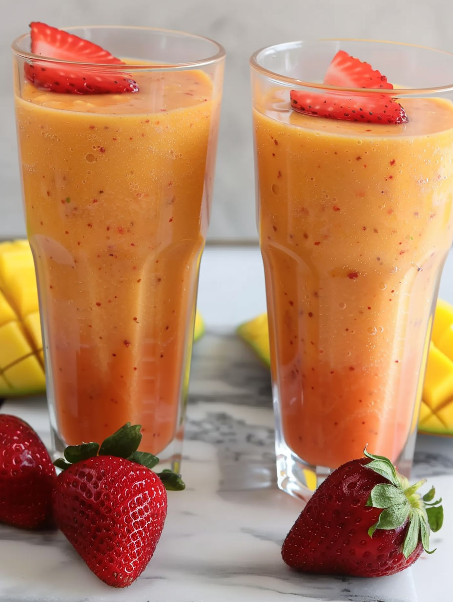 Two glasses of strawberry mango smoothie.