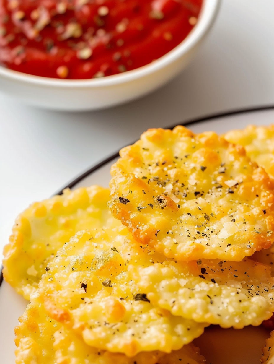 A plate of baked cheese crisps with a bowl of marinara sauce.