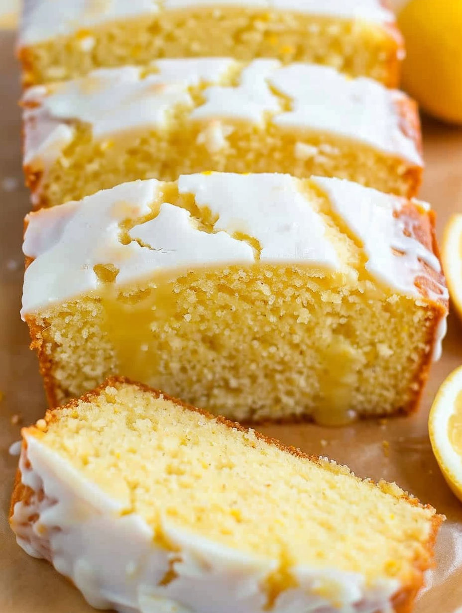 A slice of lemon bread on a table.