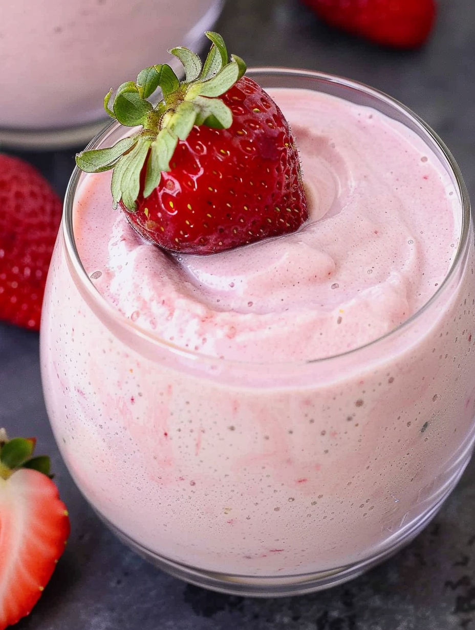 A glass of strawberry mousse with a strawberry on top.