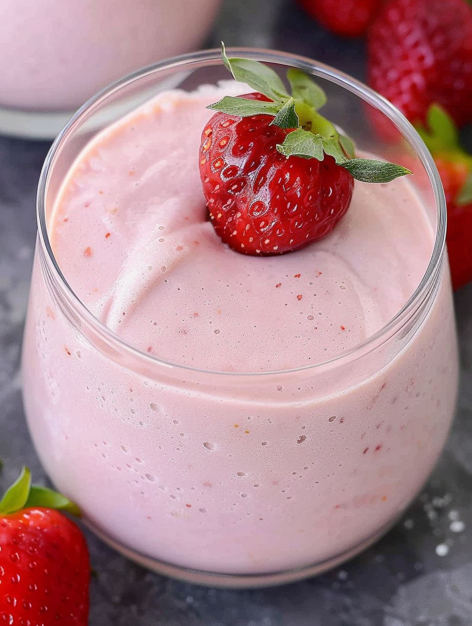 A glass of strawberry mousse with a strawberry on top.