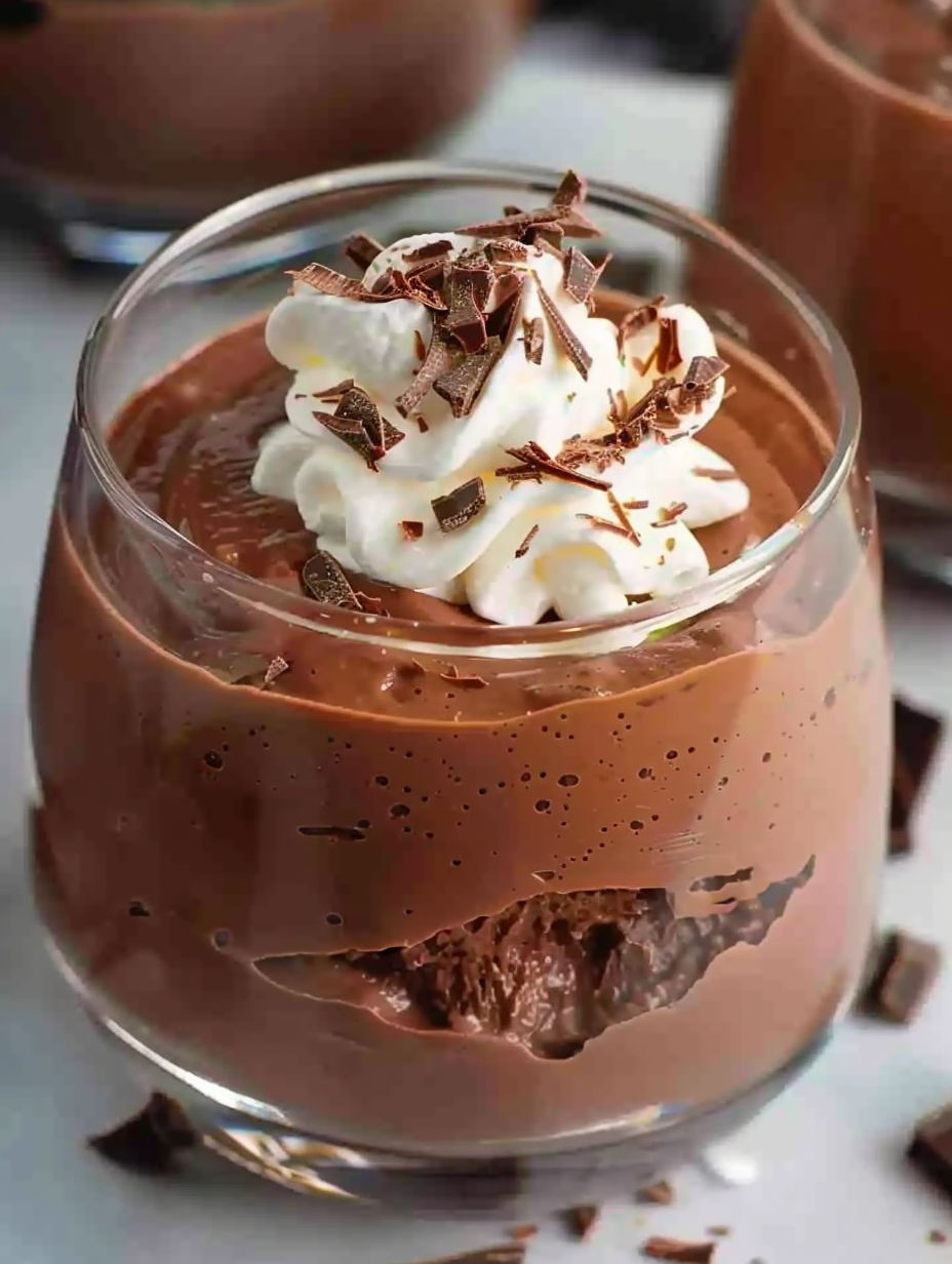 A glass of mousse au chocolat with whipped cream on top.