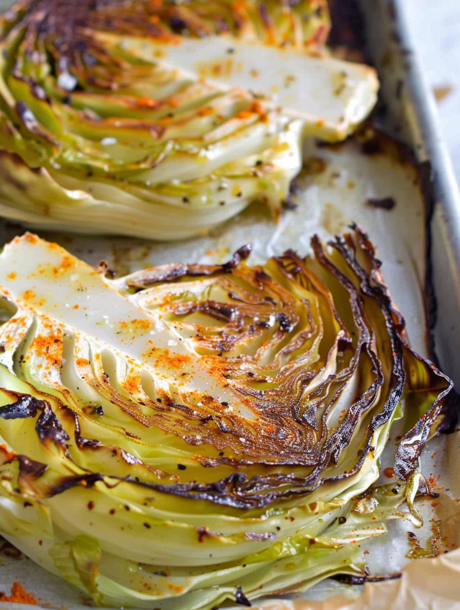 Cabbage steaks on a tray.