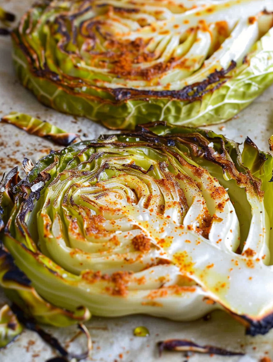 Cabbage steaks on a baking sheet.
