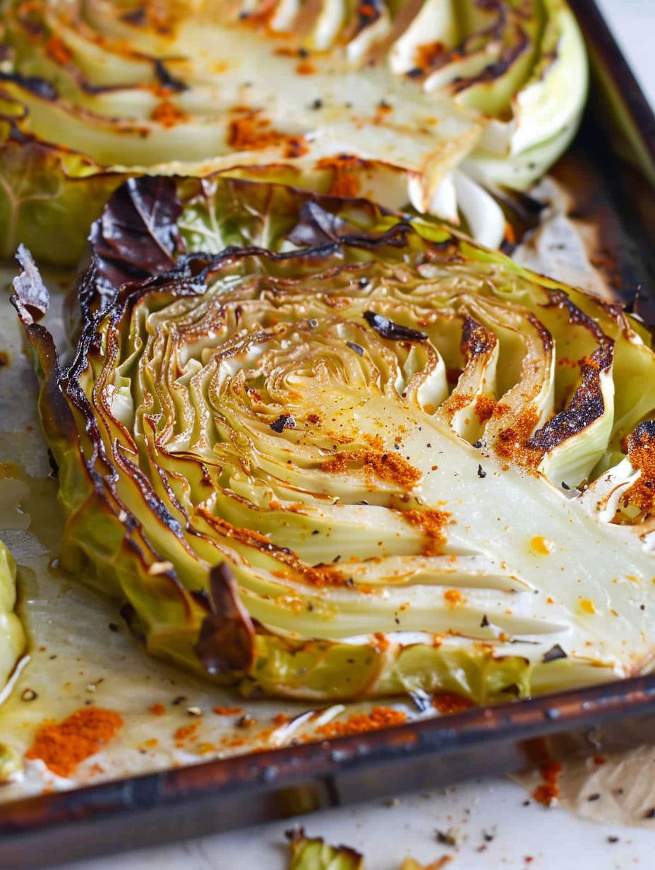 Cabbage steaks on a baking sheet.