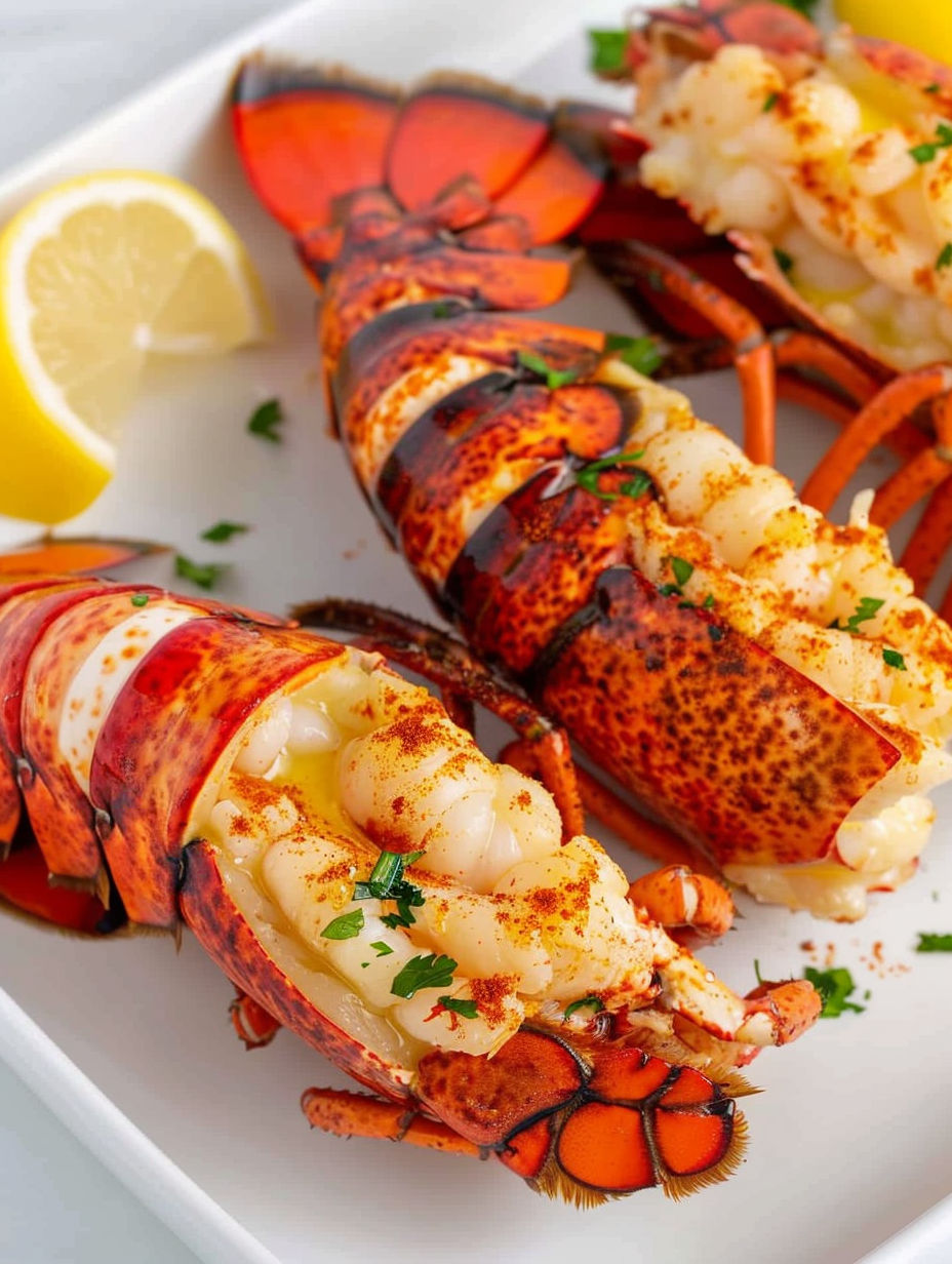 Air fried lobster tails with lemon and herbs.