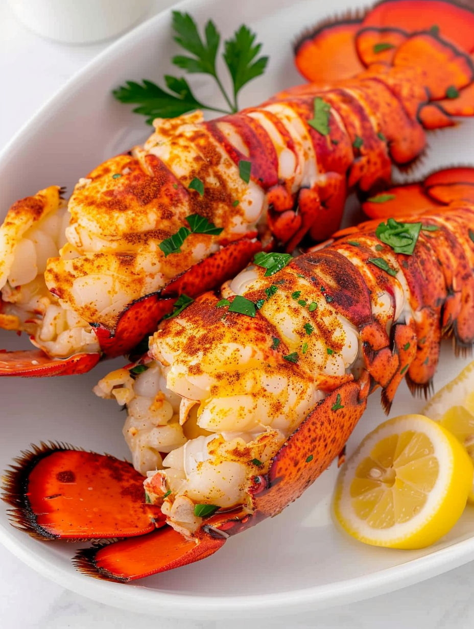 Two air fried lobster tails on a plate.