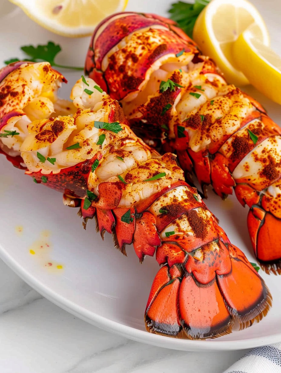 Air fried lobster tails with lemon and herbs.