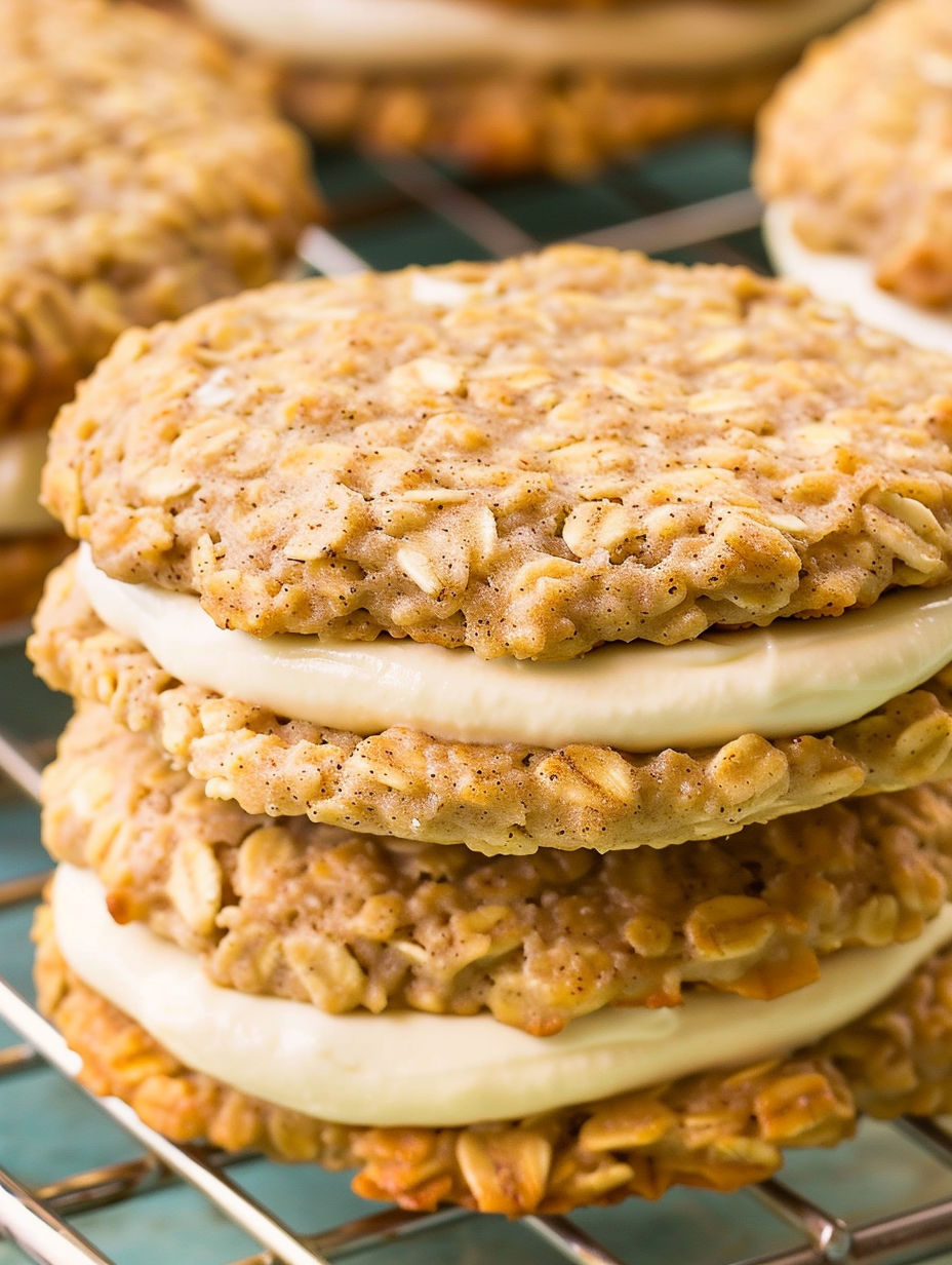 Banana oatmeal cream pies stacked on a cooling rack.