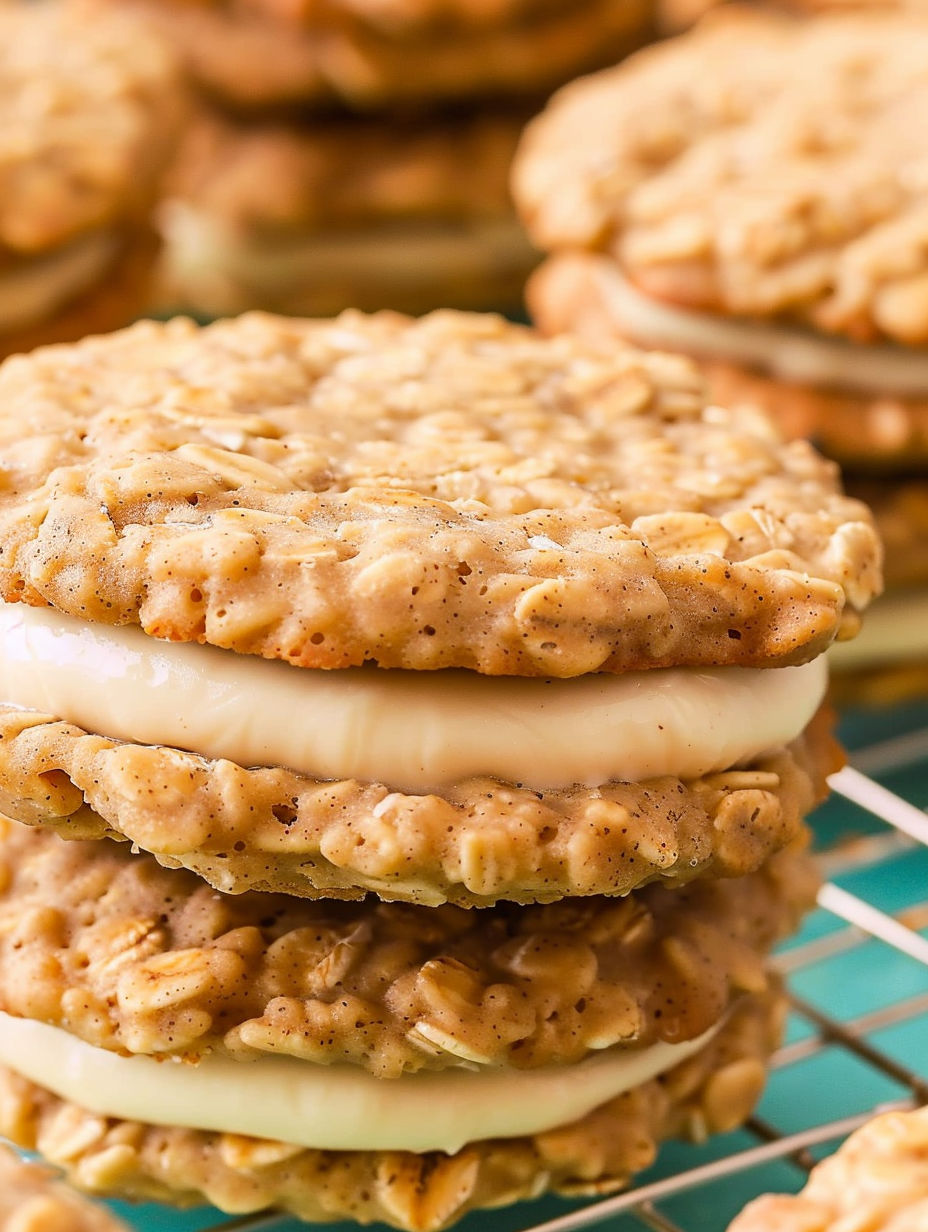Banana oatmeal cream pies stacked on a cooling rack.