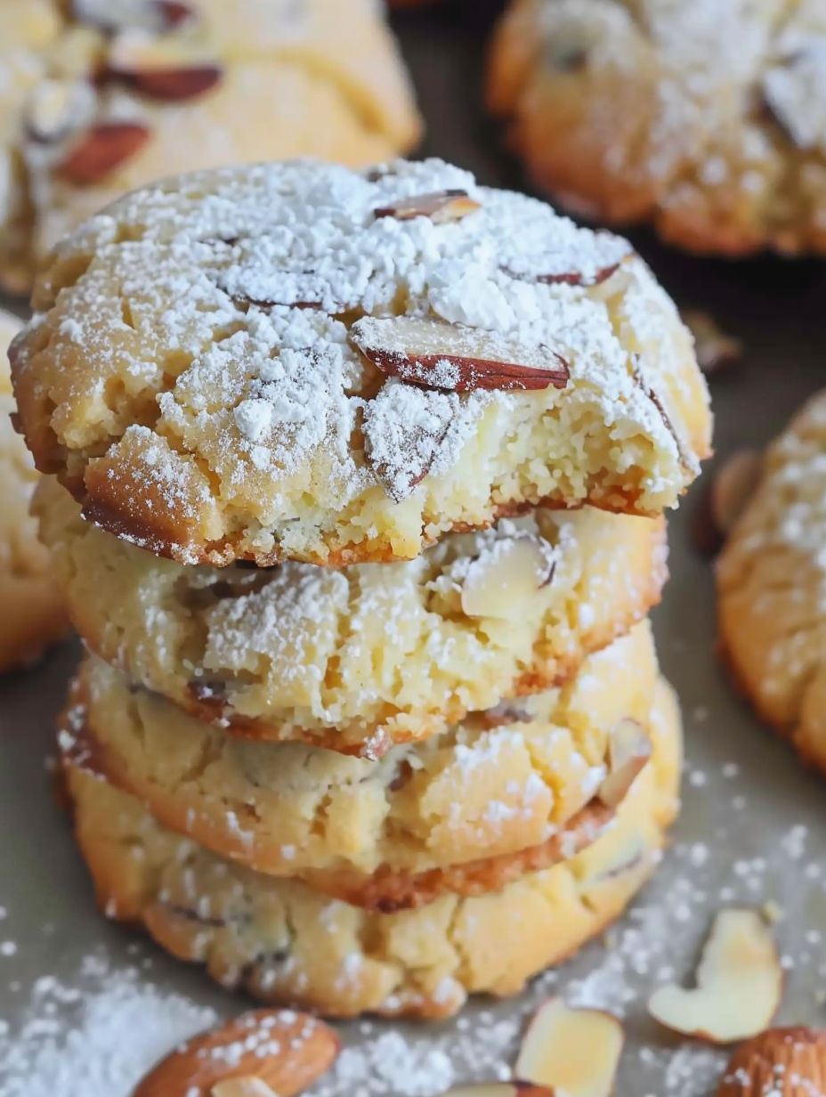 A stack of cookies with almonds on top.