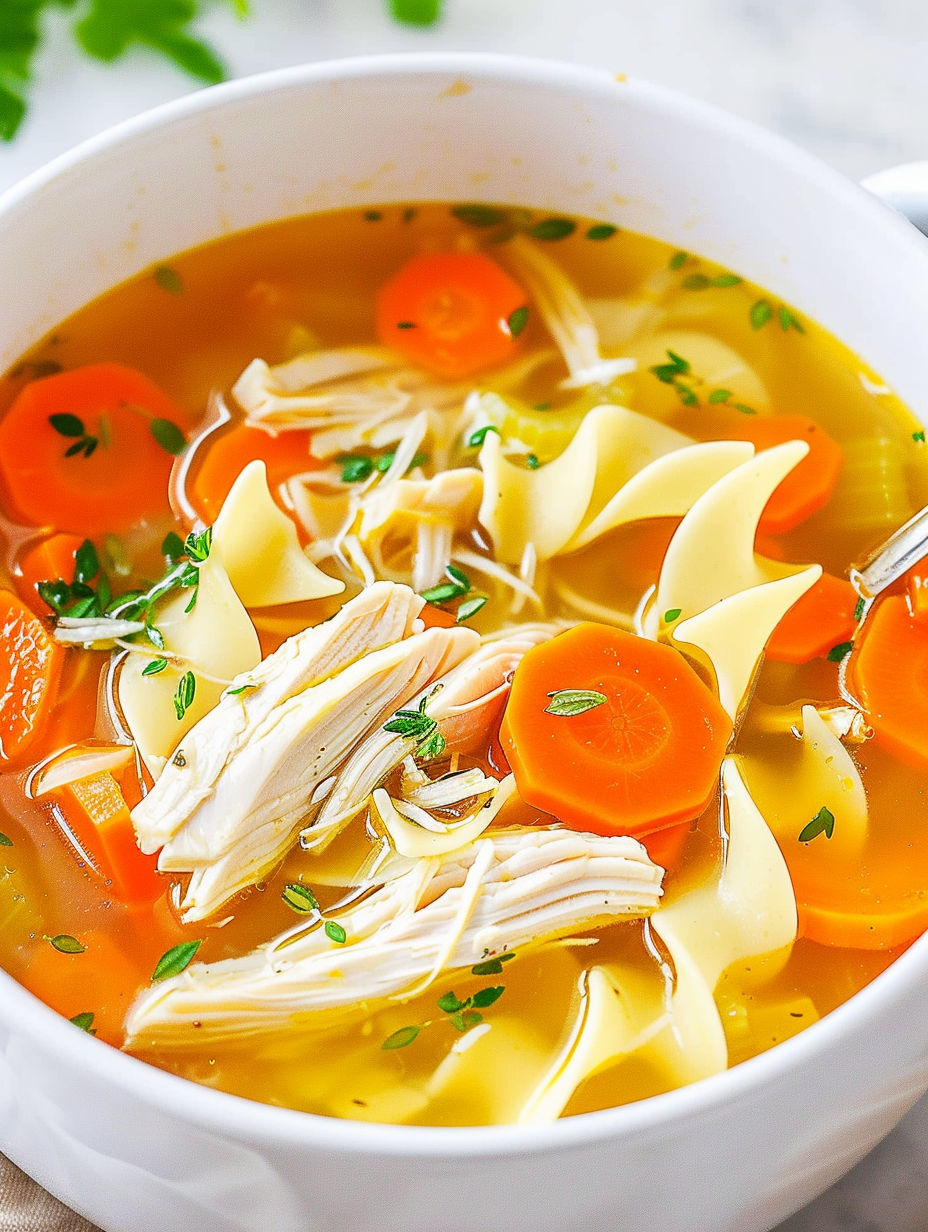 A bowl of soup with chicken, carrots, and noodles.