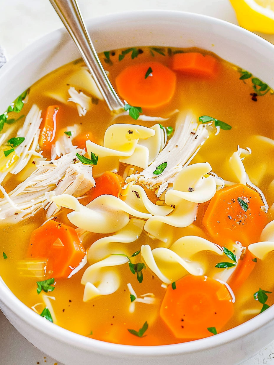 A bowl of soup with chicken, noodles, carrots and herbs.