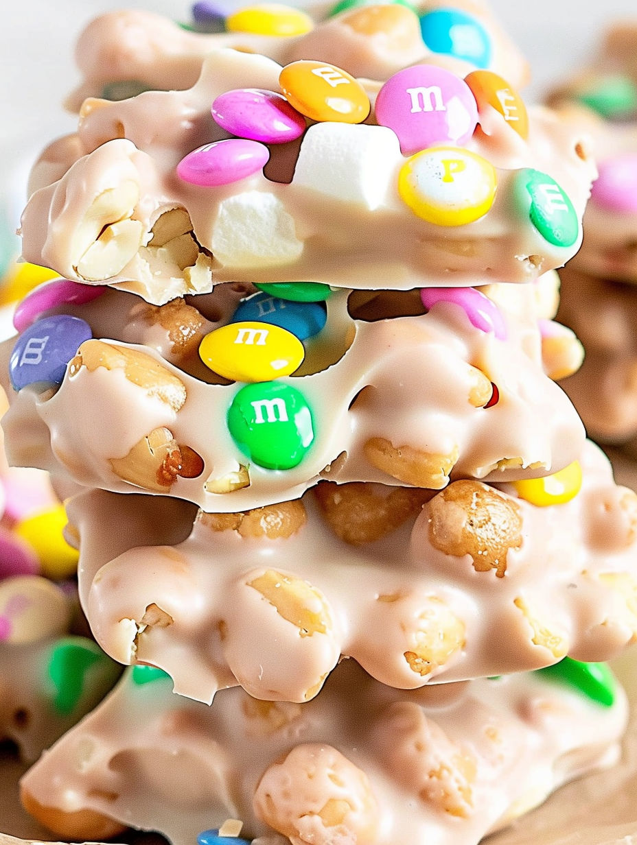 A stack of candy bars with M&M's and peanut butter cups.
