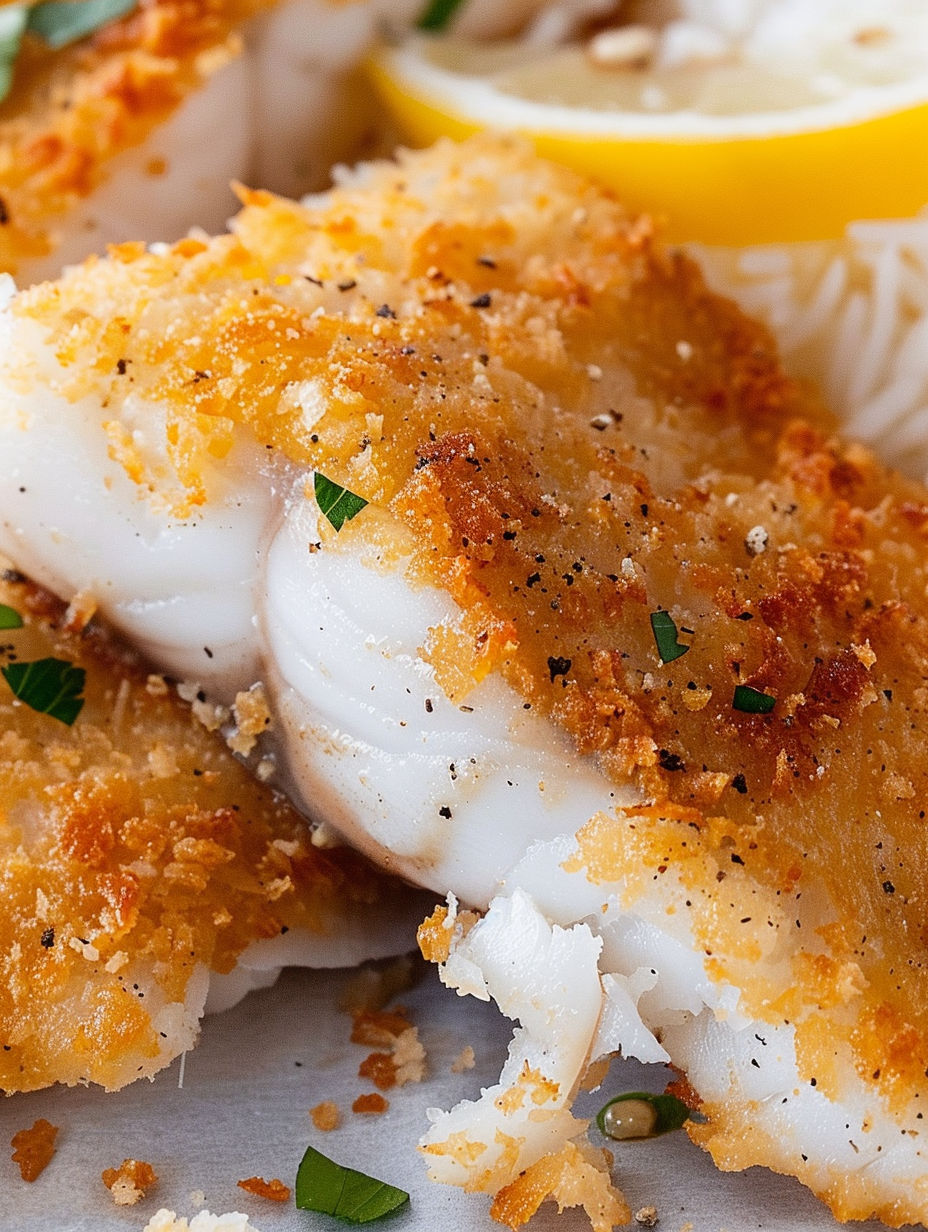 A pan fried fish with a green herb on top.