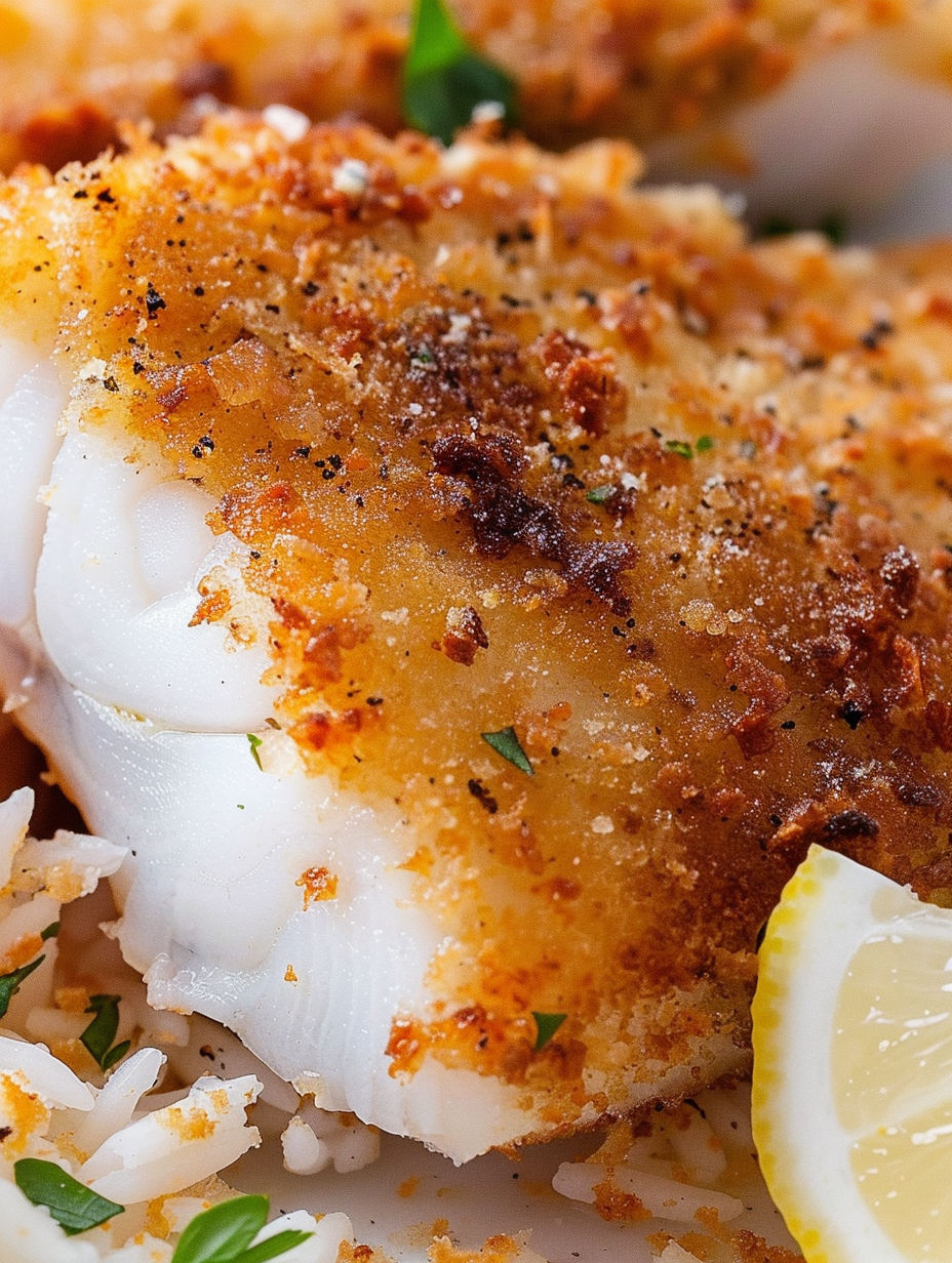 A piece of fish with a lemon wedge on top.